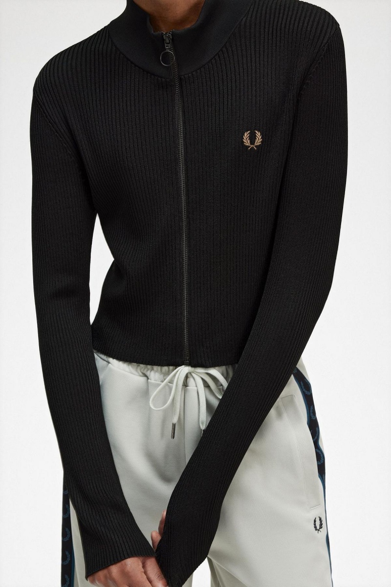 Black Fred Perry Ribbed Zip Through Jumper Women's Knitwear | SGICD25178