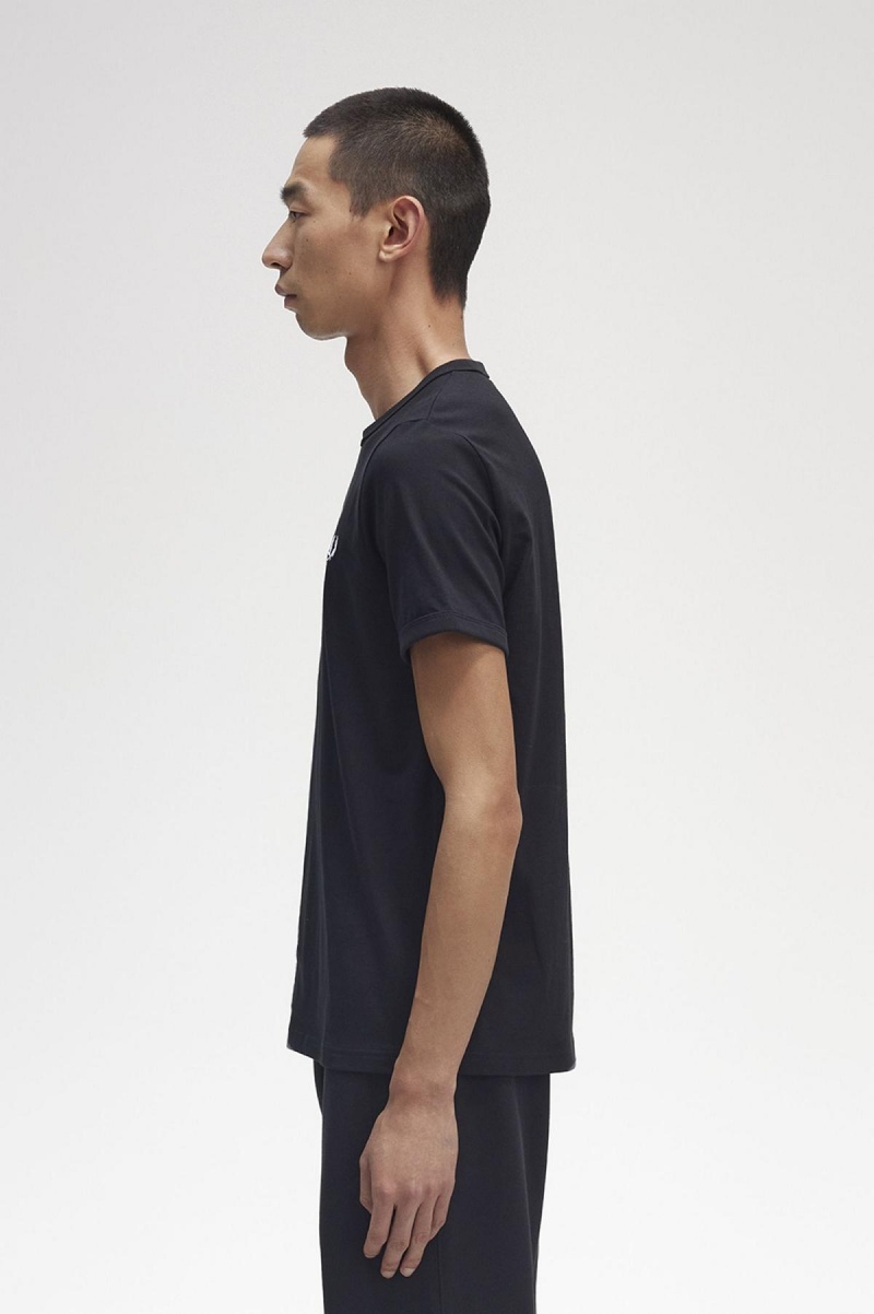 Black Fred Perry Ringer Men's T Shirts | SGNEJ47796