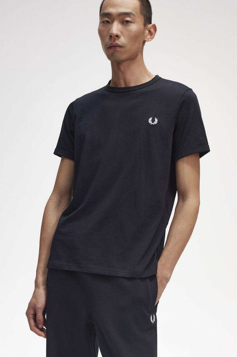 Black Fred Perry Ringer Men's T Shirts | SGNEJ47796