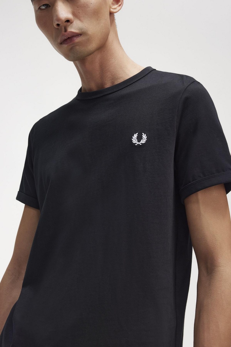 Black Fred Perry Ringer Men's T Shirts | SGNEJ47796