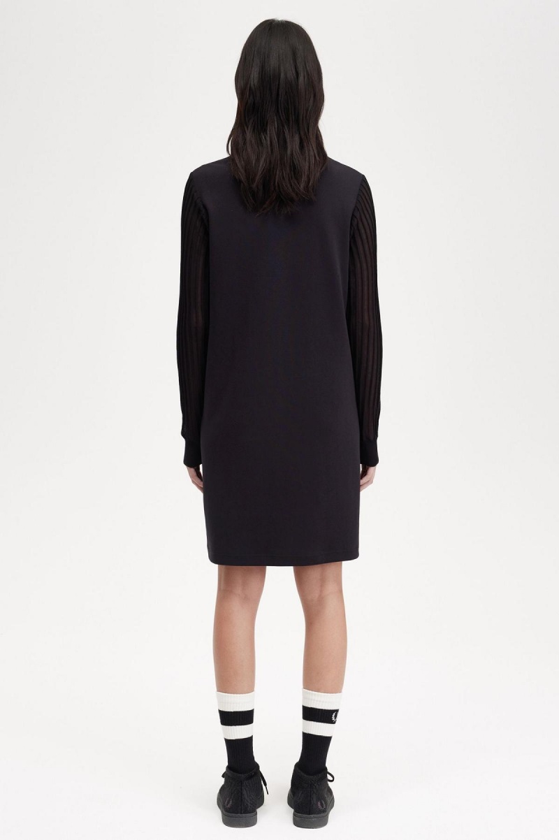 Black Fred Perry Sheer Sleeve Mock Neck Women's Dress | USGTG92678