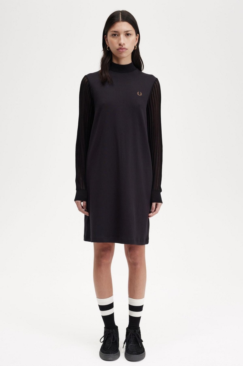 Black Fred Perry Sheer Sleeve Mock Neck Women's Dress | USGTG92678