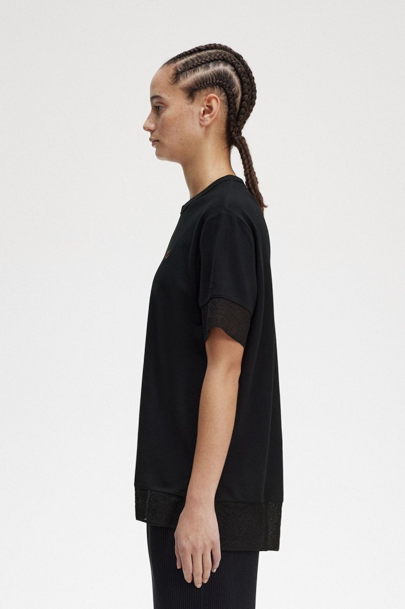 Black Fred Perry Sheer Trim Piqué Women's T Shirts | ASGWC50405