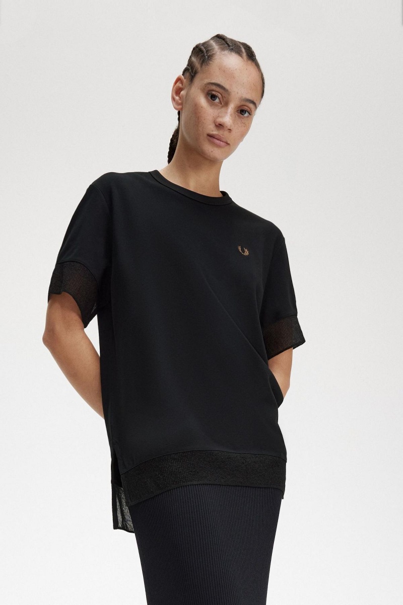 Black Fred Perry Sheer Trim Piqué Women's T Shirts | ASGWC50405