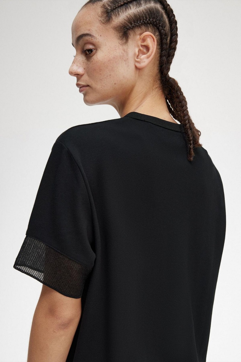 Black Fred Perry Sheer Trim Piqué Women's T Shirts | ASGWC50405