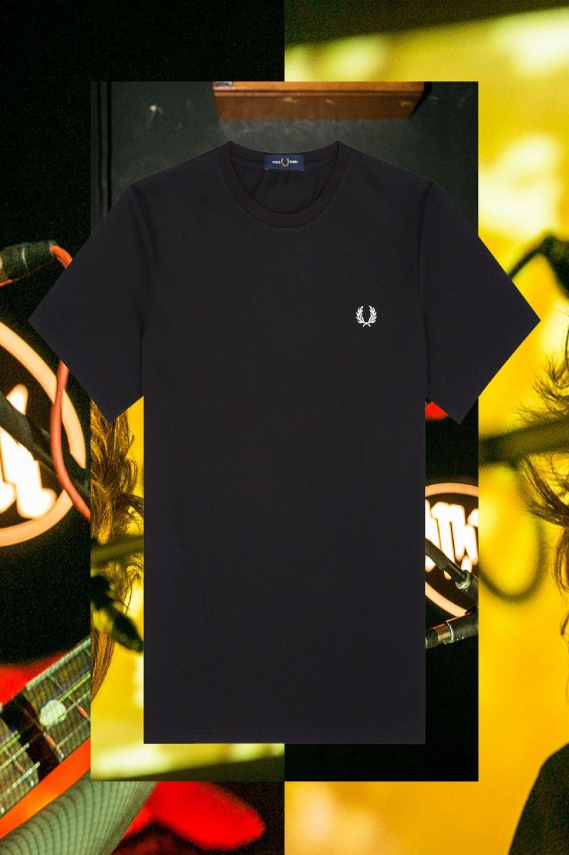 Black Fred Perry Stockholm Ringer Men's T Shirts | PSGER68531