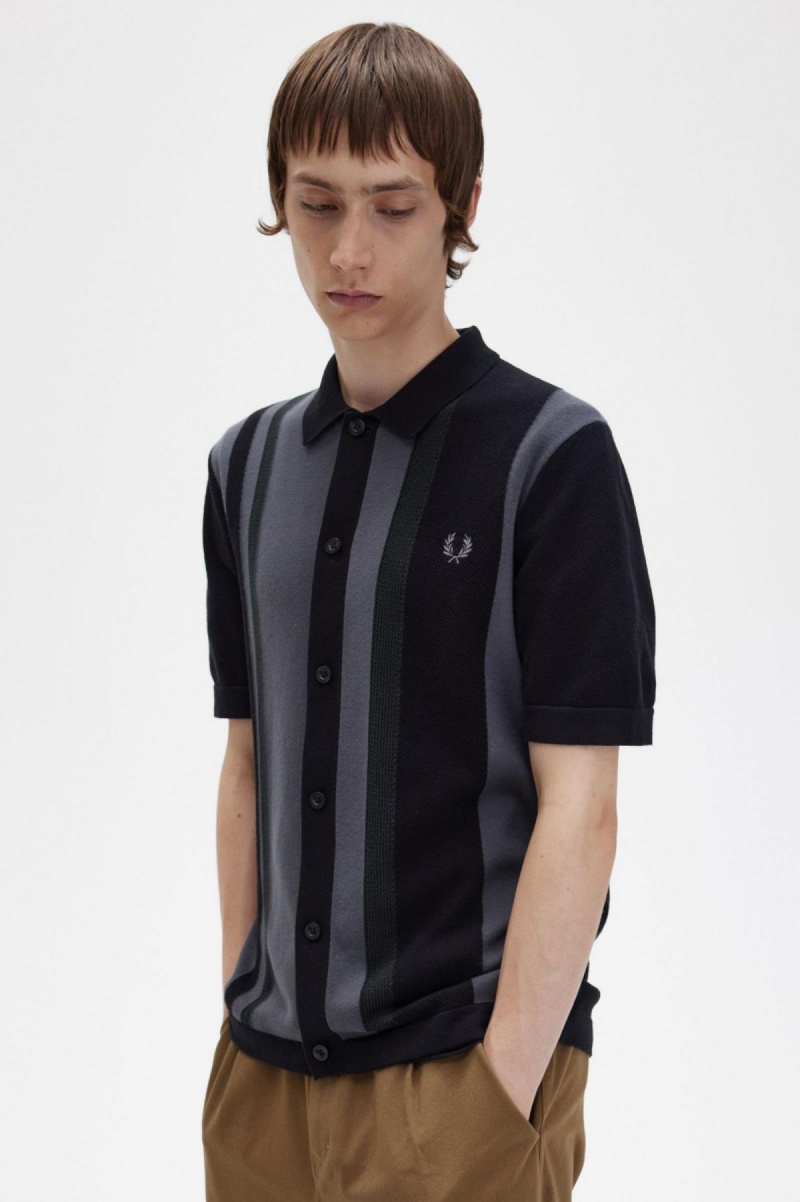 Black Fred Perry Striped Knitted Shirt Men's Knitwear | DSGKV49544