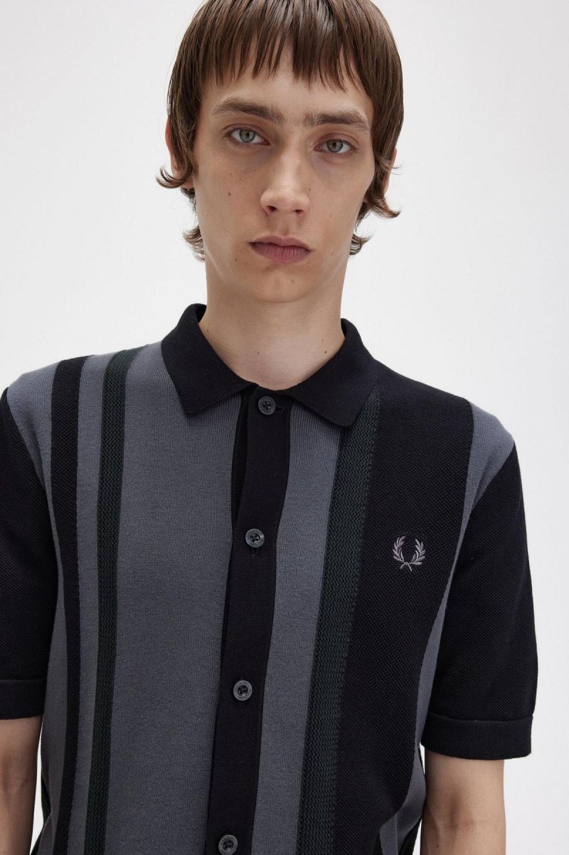 Black Fred Perry Striped Knitted Shirt Men's Knitwear | DSGKV49544