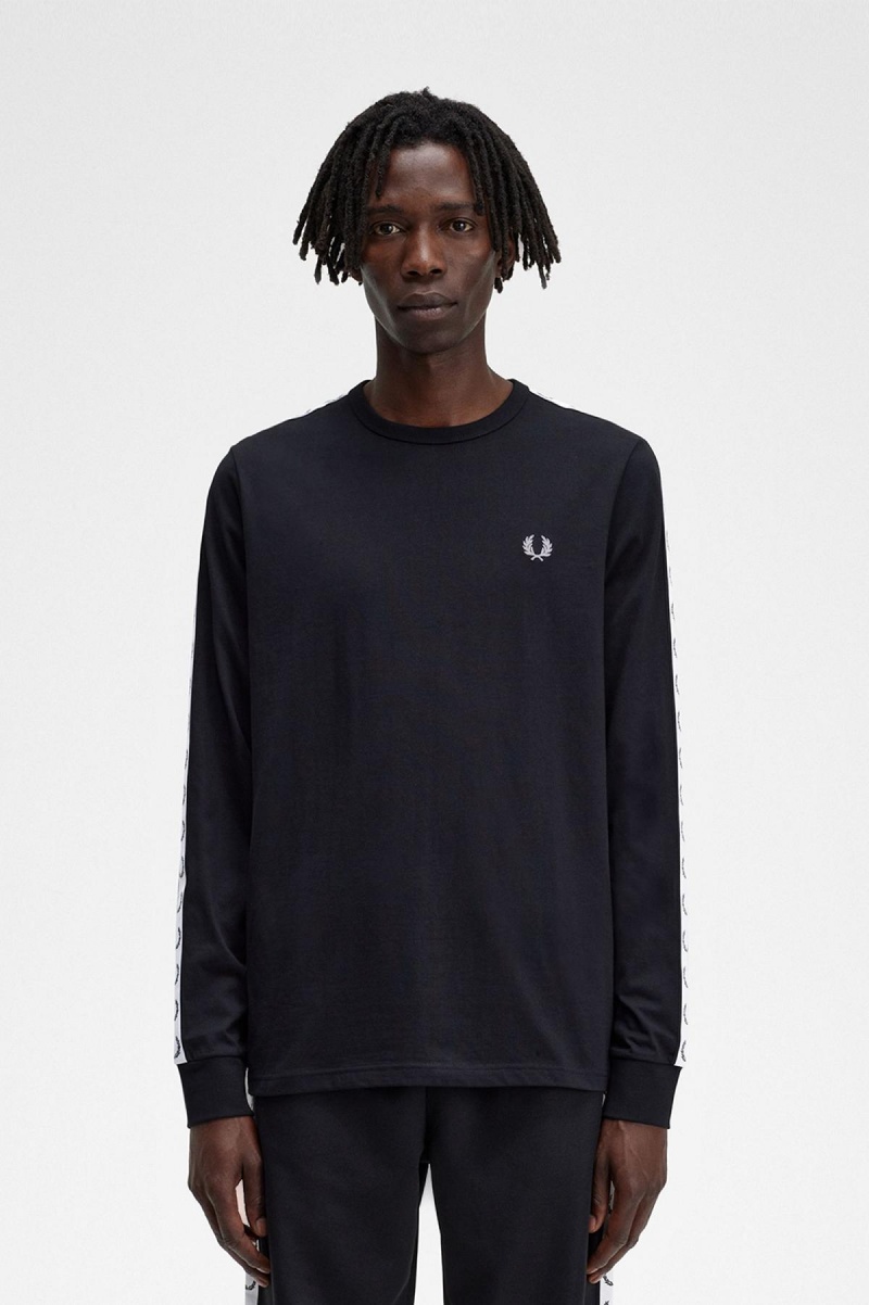 Black Fred Perry Taped Long Sleeve Men's T Shirts | SGEAH54908