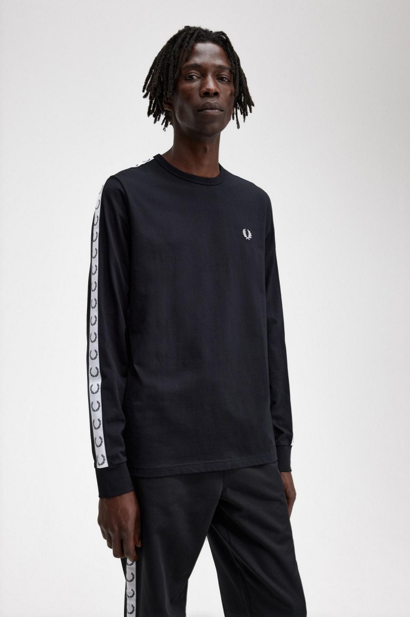 Black Fred Perry Taped Long Sleeve Men's T Shirts | SGEAH54908