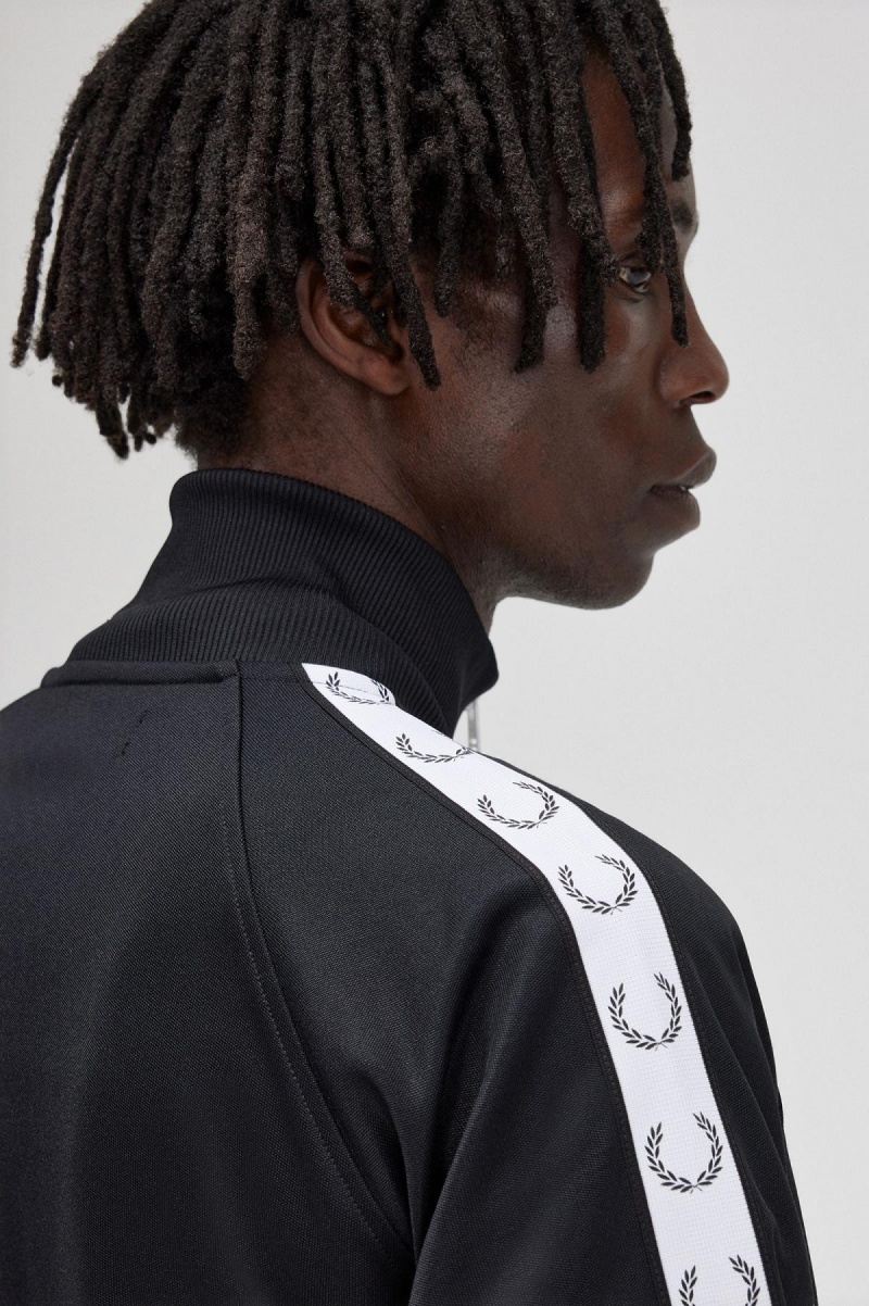 Black Fred Perry Taped Men's Track Jackets | SGXBR68187