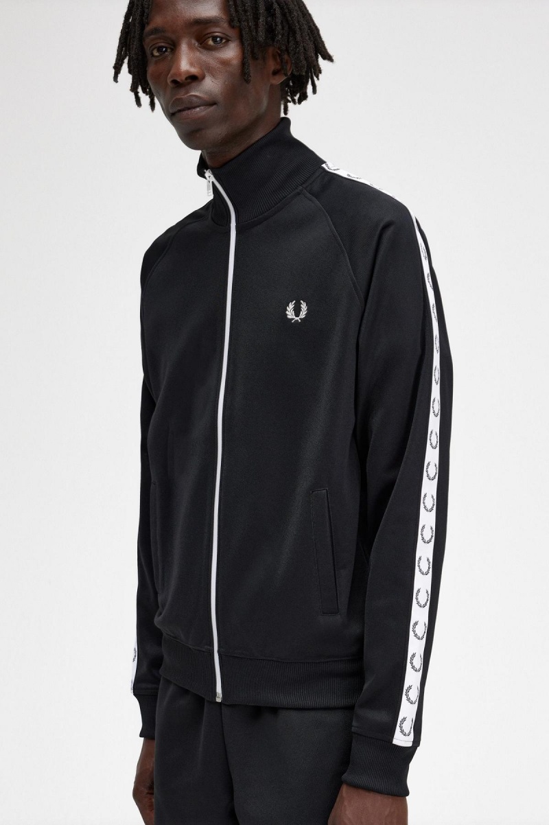 Black Fred Perry Taped Men's Track Jackets | SGXBR68187