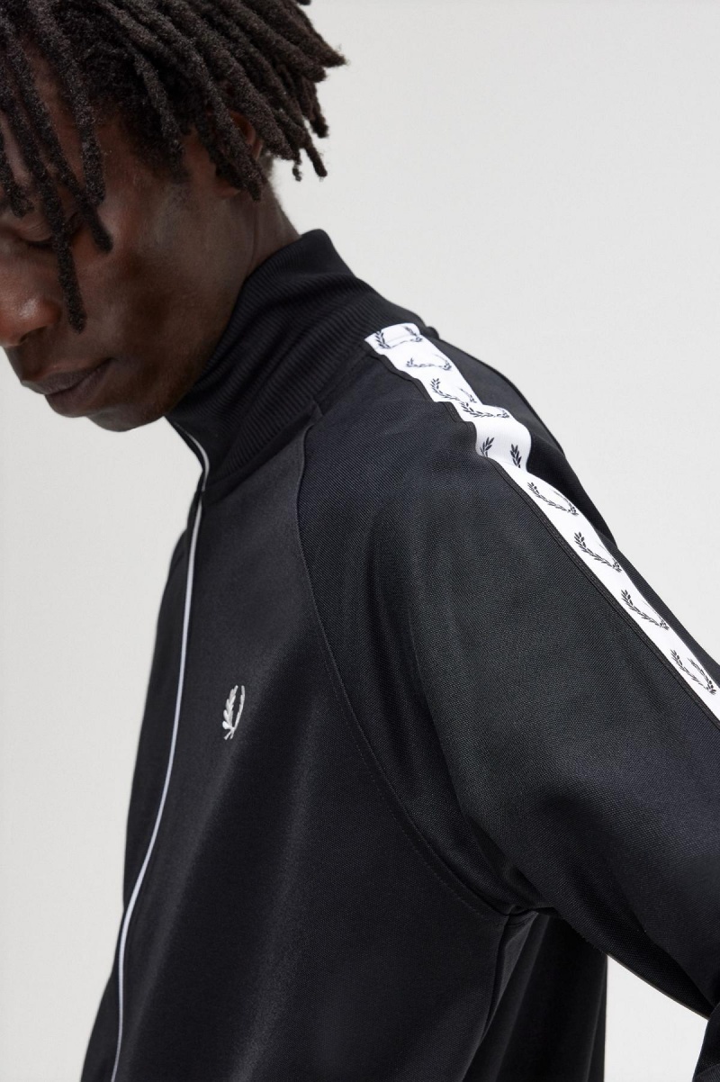 Black Fred Perry Taped Men's Track Jackets | SGXBR68187