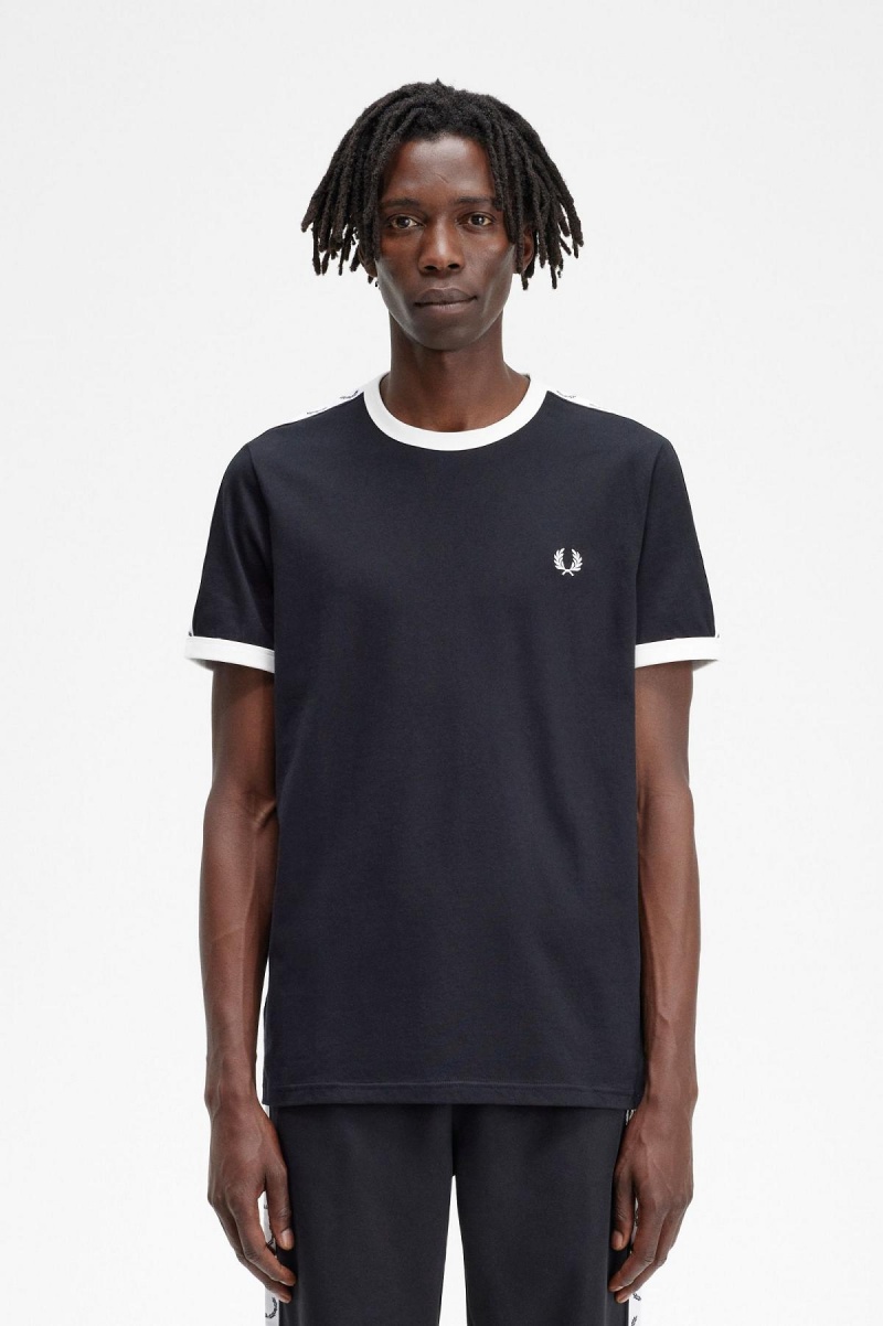 Black Fred Perry Taped Ringer Men's T Shirts | SGXBR50567