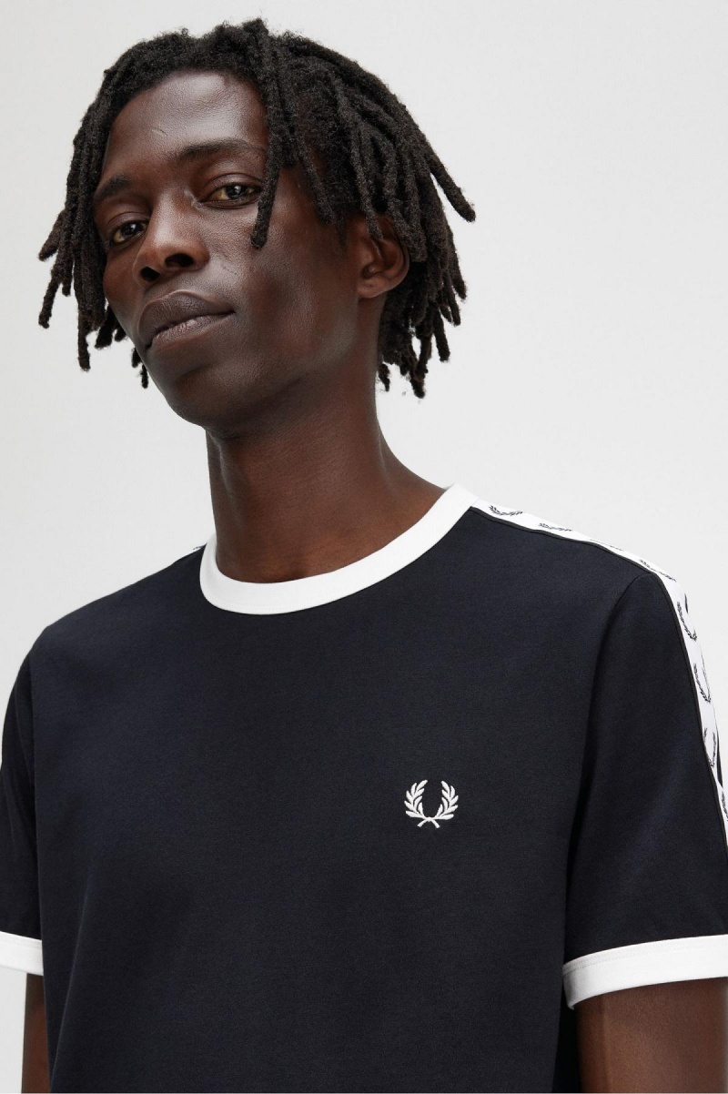 Black Fred Perry Taped Ringer Men's T Shirts | SGXBR50567