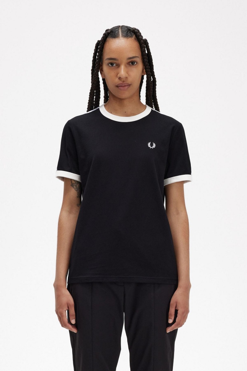 Black Fred Perry Taped Ringer Women's T Shirts | SGICD73932