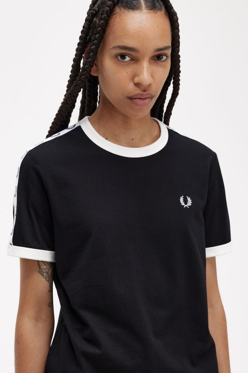 Black Fred Perry Taped Ringer Women's T Shirts | SGICD73932