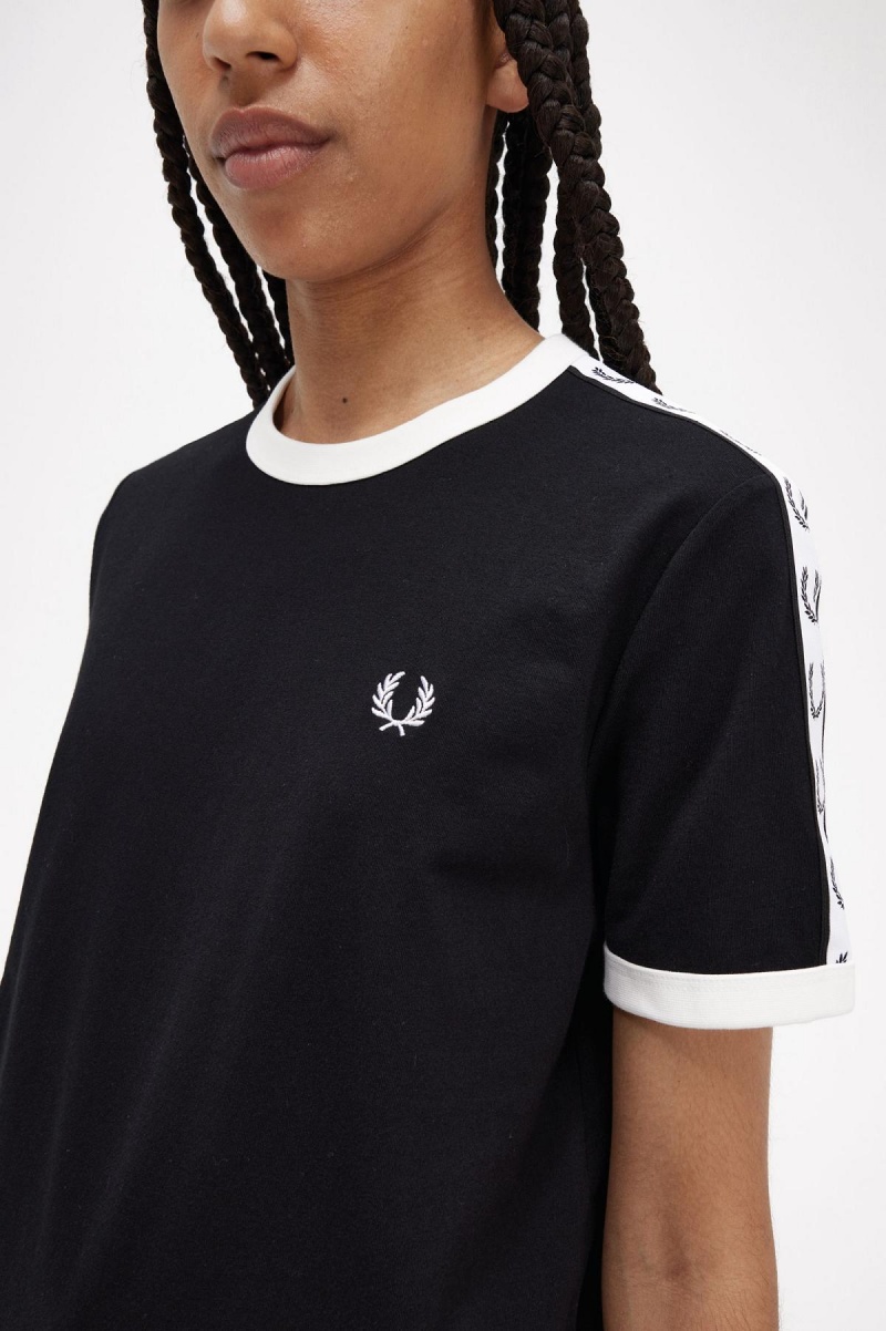 Black Fred Perry Taped Ringer Women's T Shirts | SGICD73932