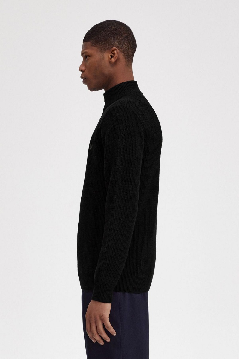 Black Fred Perry Textured Half Zip Jumper Men's Knitwear | SGZDE55738