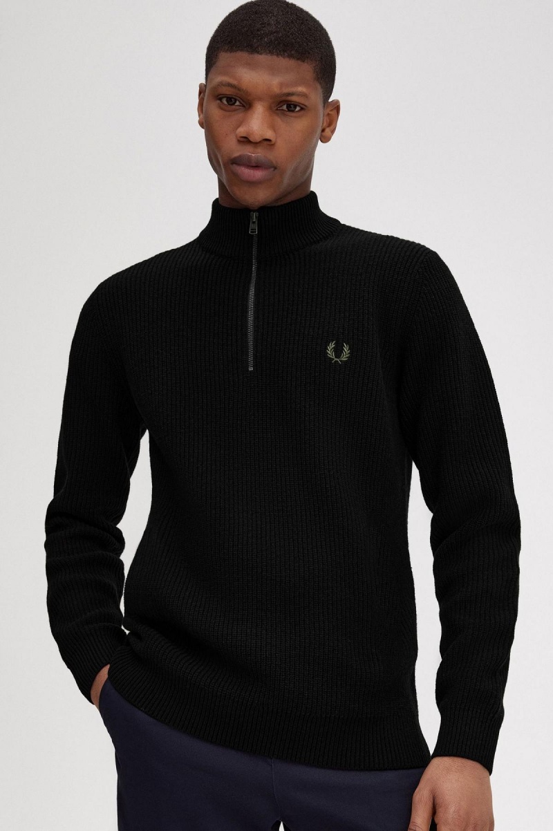 Black Fred Perry Textured Half Zip Jumper Men's Knitwear | SGZDE55738