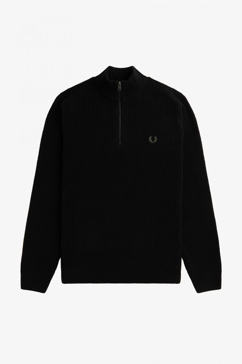 Black Fred Perry Textured Half Zip Jumper Men's Knitwear | SGZDE55738