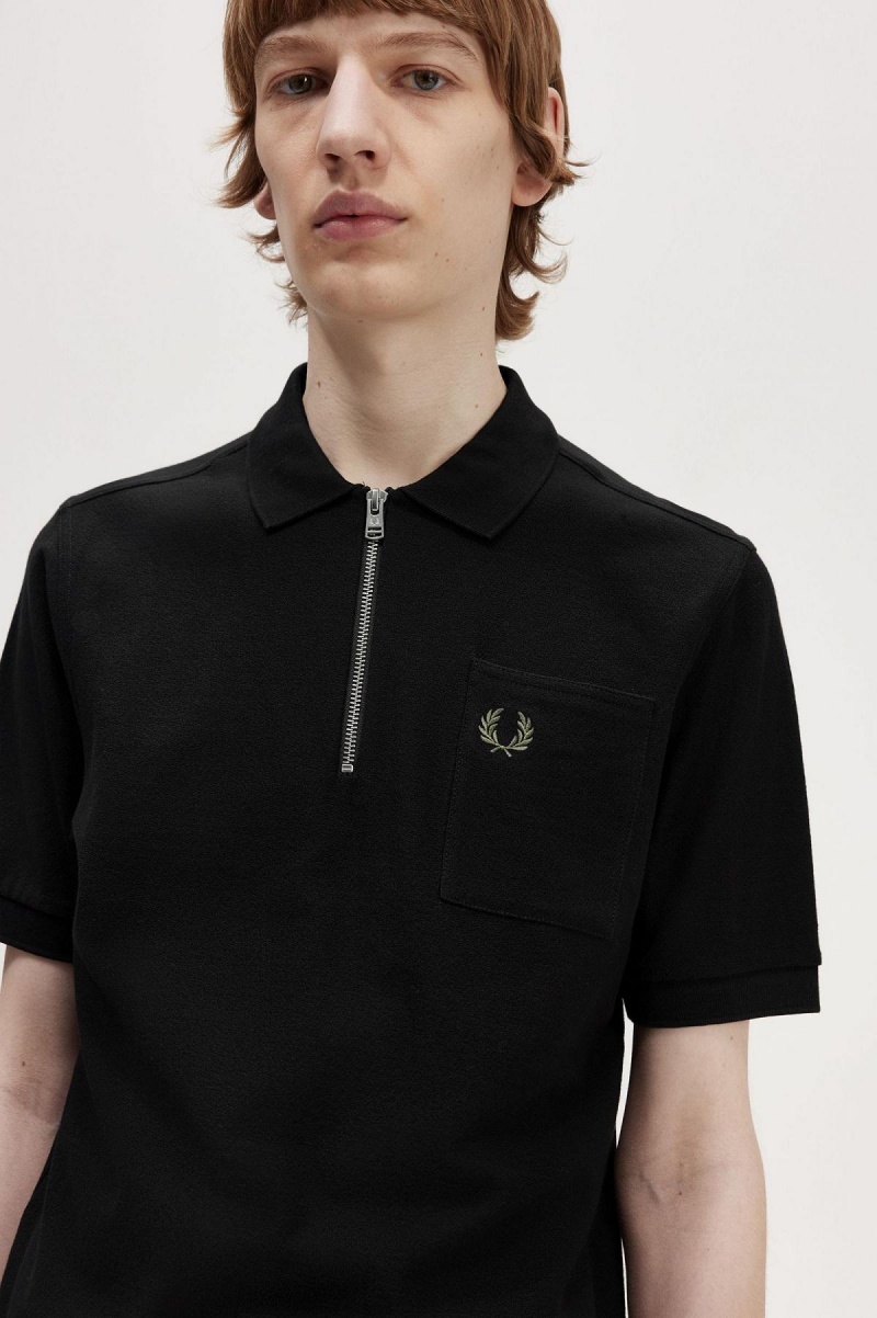 Black Fred Perry Textured Zip Neck Polo Shirt Men's Polo Shirts | MSGHR41925