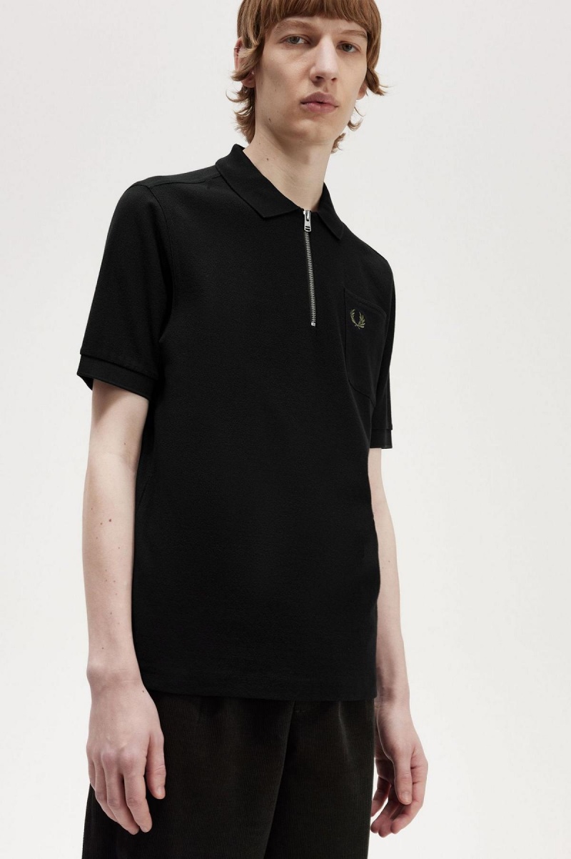 Black Fred Perry Textured Zip Neck Polo Shirt Men's Polo Shirts | MSGHR41925