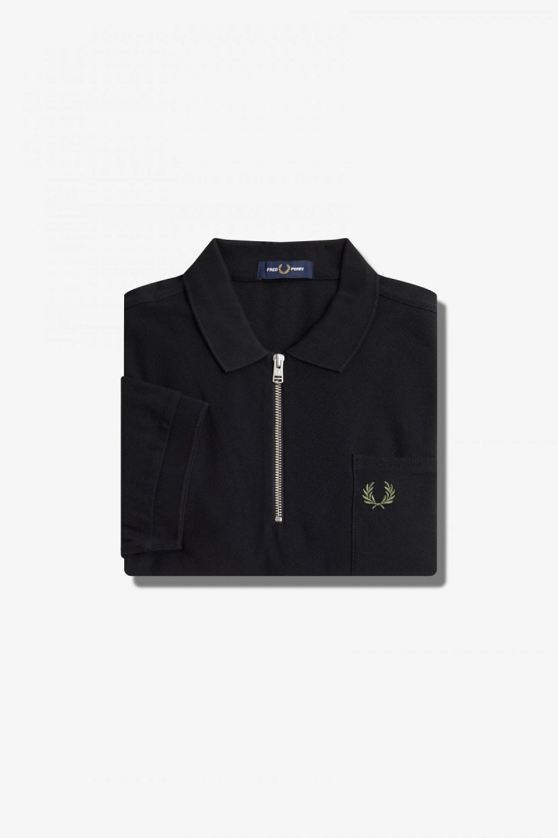 Black Fred Perry Textured Zip Neck Polo Shirt Men's Polo Shirts | MSGHR41925