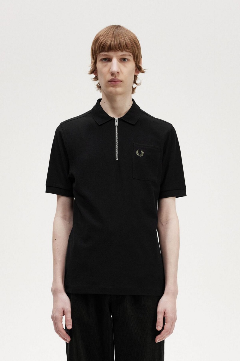 Black Fred Perry Textured Zip Neck Polo Shirt Men\'s Polo Shirts | MSGHR41925