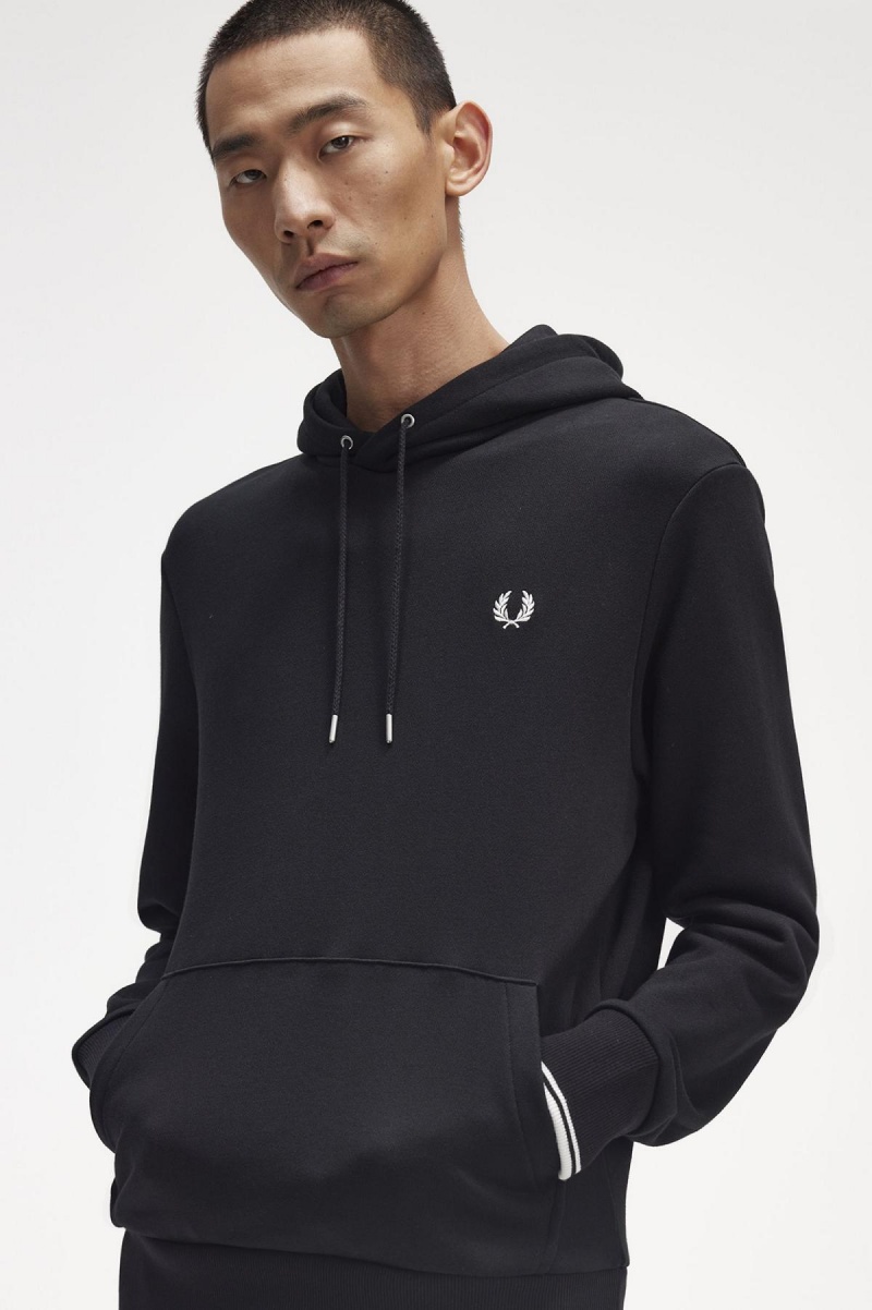 Black Fred Perry Tipped Hooded Men's Sweatshirts | PSGER22215