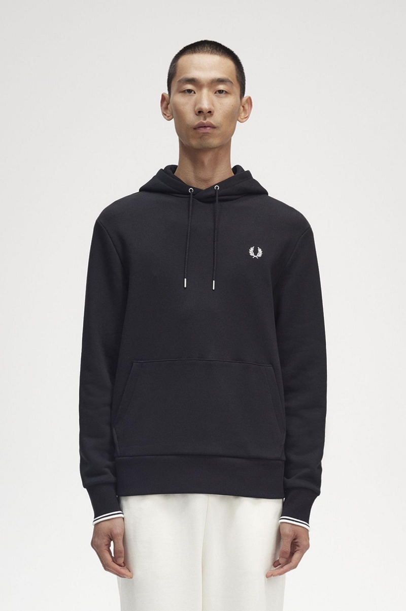 Black Fred Perry Tipped Hooded Men\'s Sweatshirts | PSGER22215