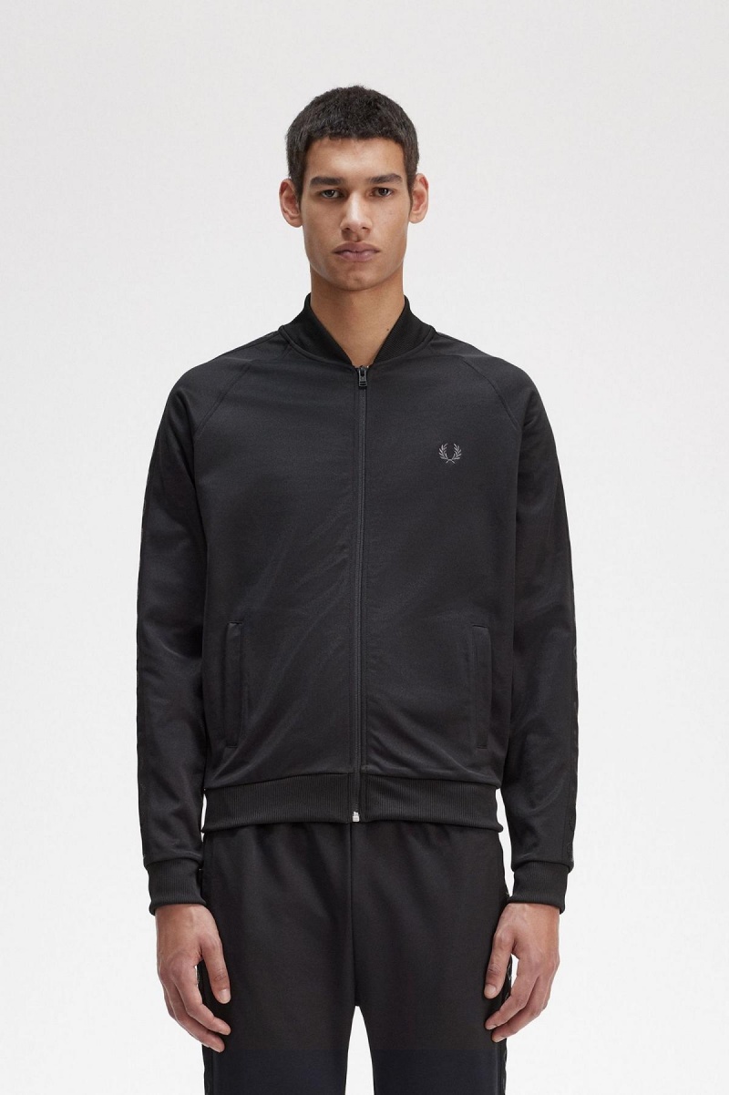 Black Fred Perry Tonal Tape Track Jacket Men\'s Tracksuits | ZSGMJ64562