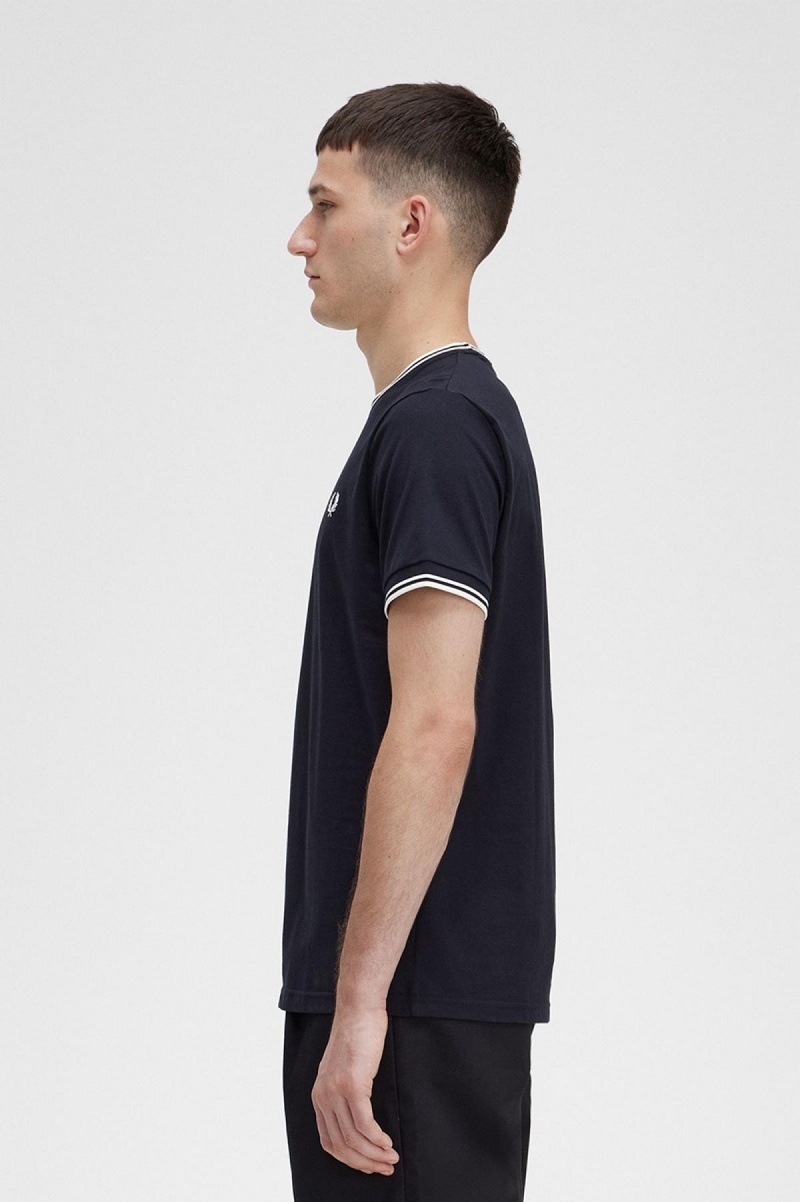 Black Fred Perry Twin Tipped Men's T Shirts | SGIIZ56680