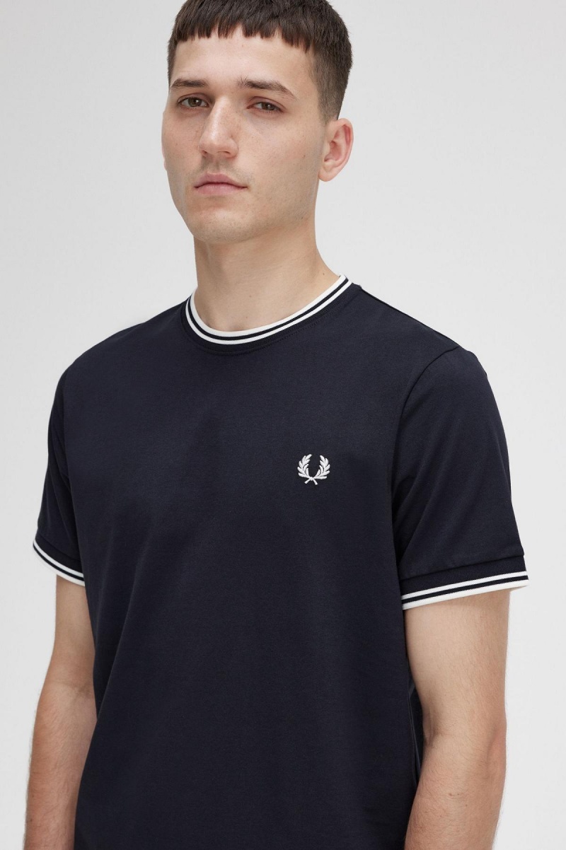 Black Fred Perry Twin Tipped Men's T Shirts | SGIIZ56680