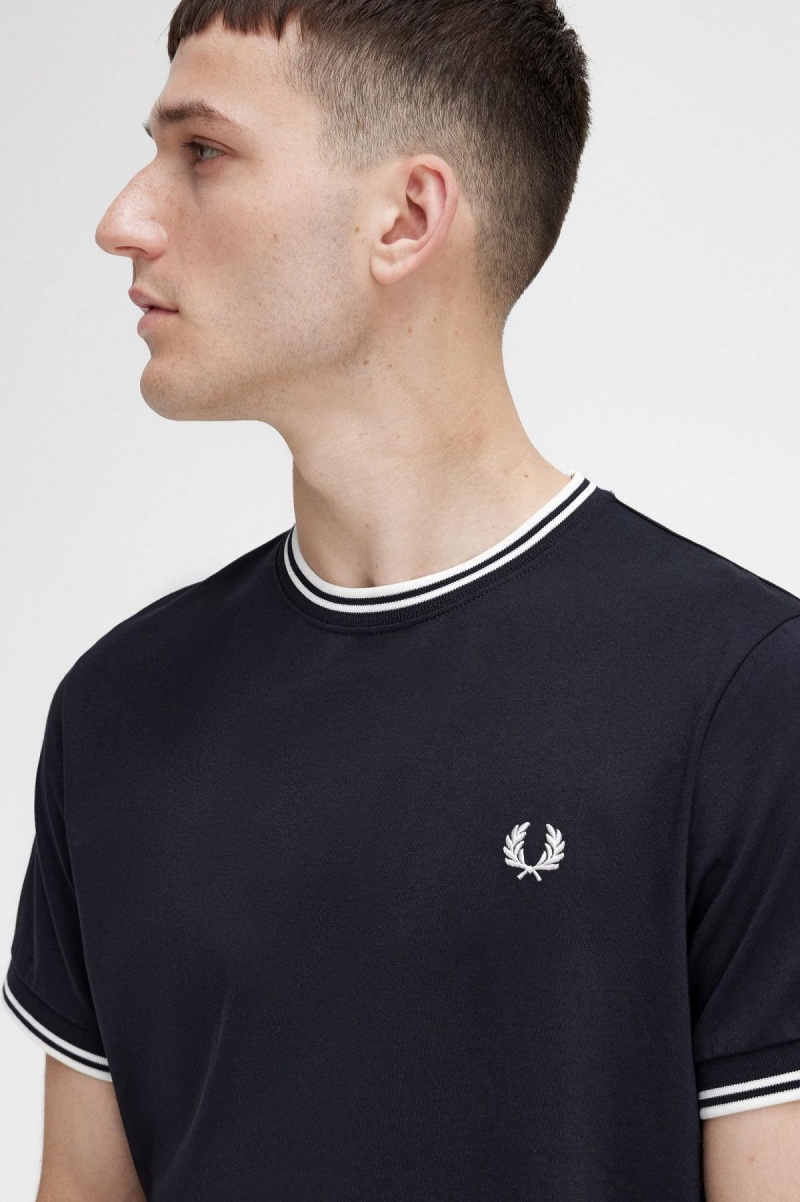 Black Fred Perry Twin Tipped Men's T Shirts | SGIIZ56680