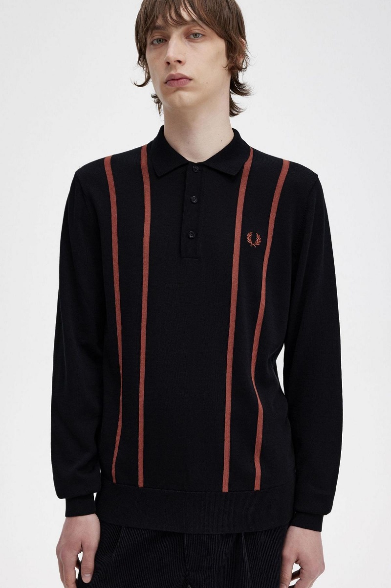 Black Fred Perry Vertical Stripe Knitted Shirt Men's Knitwear | QSGWA36081