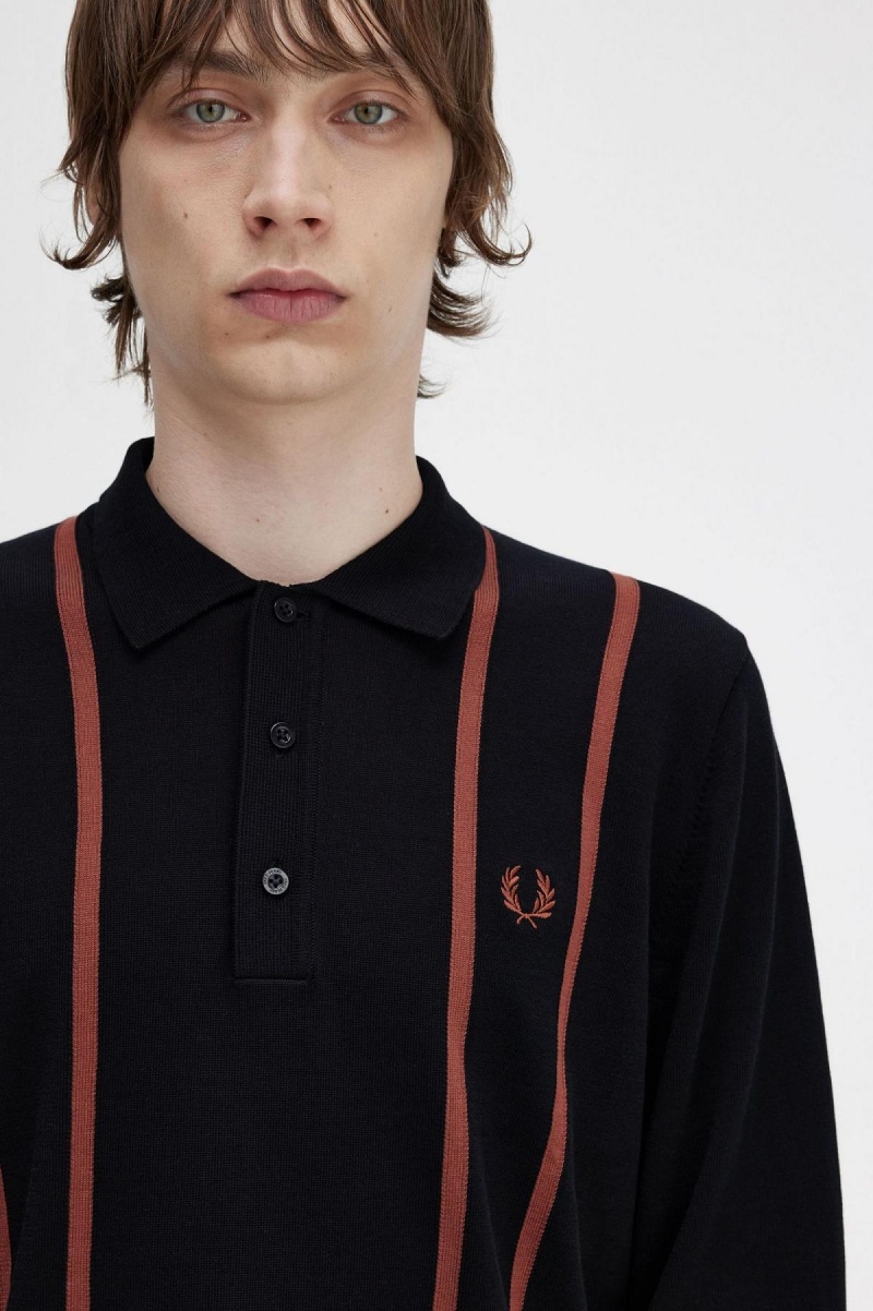 Black Fred Perry Vertical Stripe Knitted Shirt Men's Knitwear | QSGWA36081