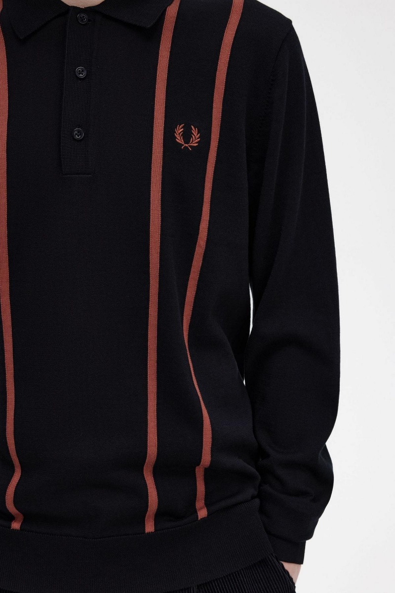 Black Fred Perry Vertical Stripe Knitted Shirt Men's Knitwear | QSGWA36081