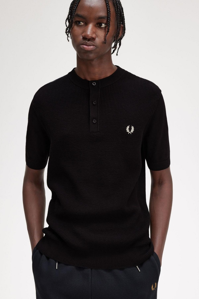 Black Fred Perry Waffle Stitch Henley Shirt Men's Knitwear | SGDFL47899