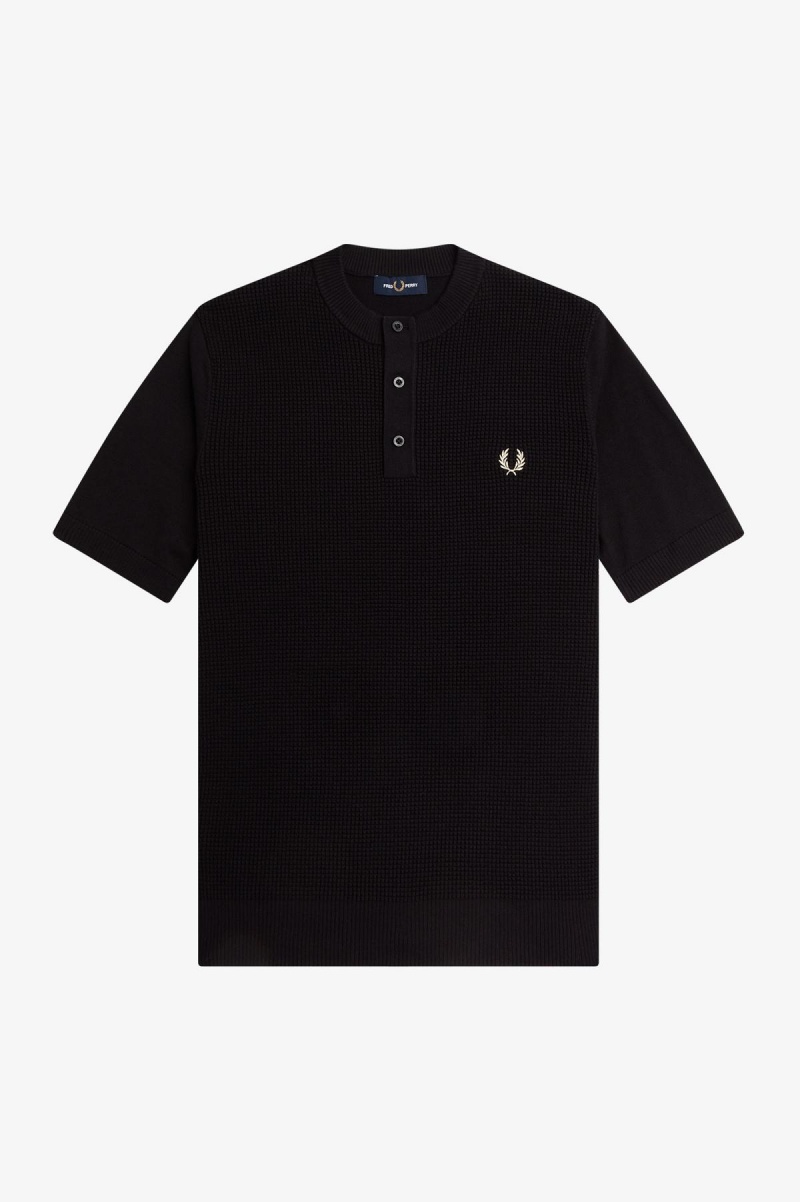 Black Fred Perry Waffle Stitch Henley Shirt Men's Knitwear | SGDFL47899