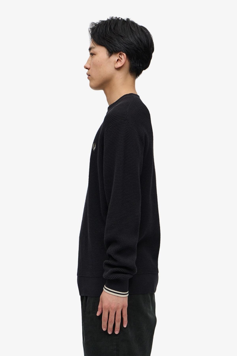 Black Fred Perry Waffle Stitch Jumper Men's Knitwear | SGXMI34814