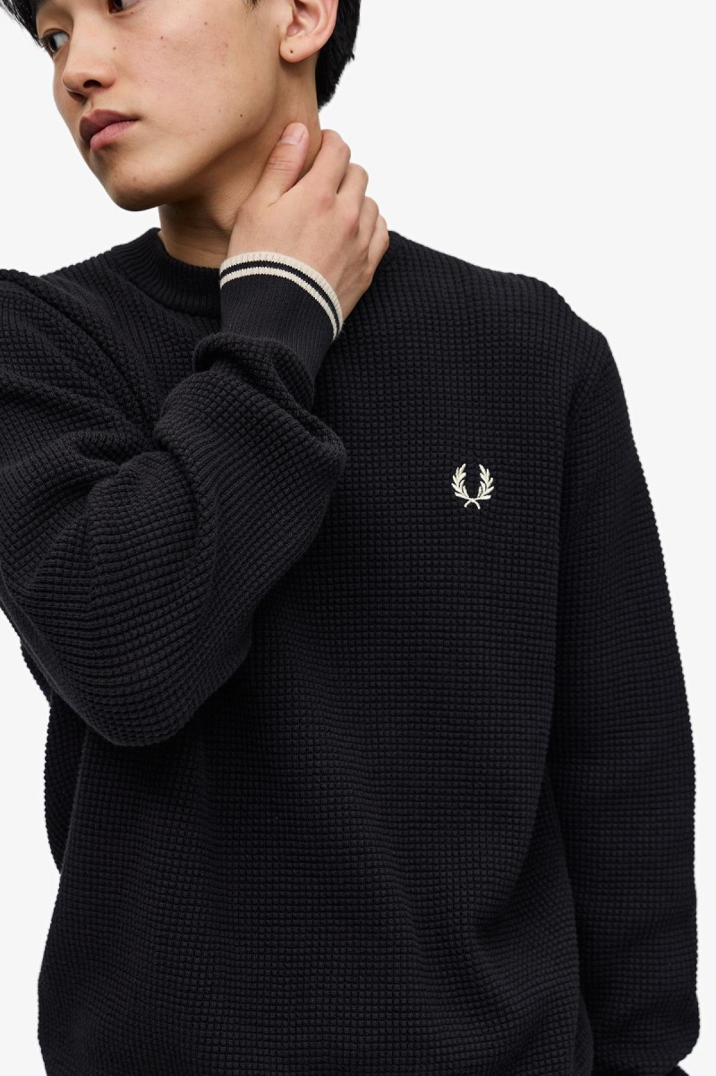 Black Fred Perry Waffle Stitch Jumper Men's Knitwear | SGXMI34814