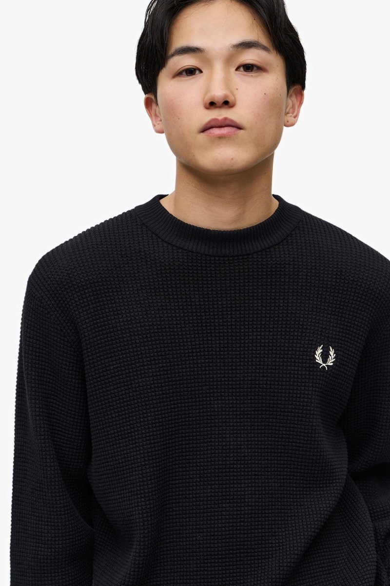 Black Fred Perry Waffle Stitch Jumper Men's Knitwear | SGXMI34814