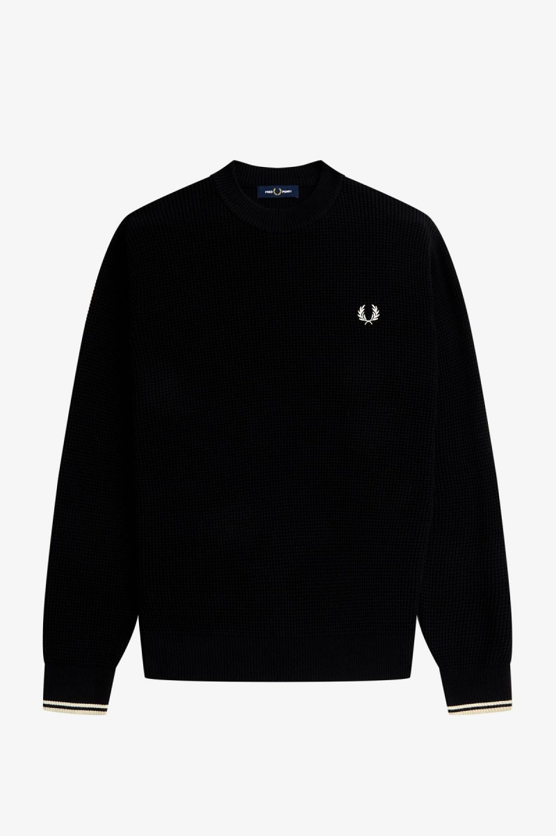 Black Fred Perry Waffle Stitch Jumper Men's Knitwear | SGXMI34814