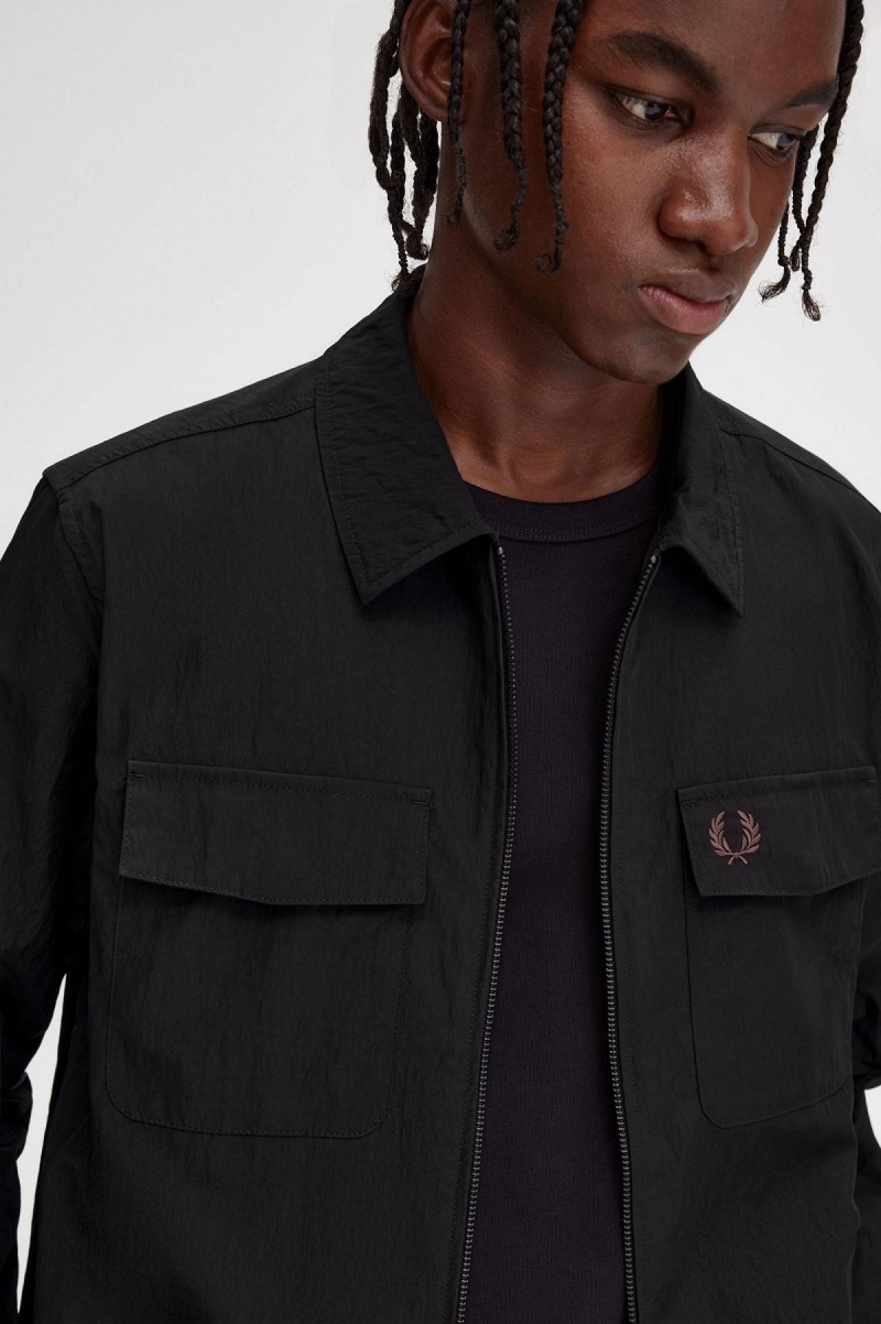 Black Fred Perry Zip-Through Men's Shirts | SSGNY16246