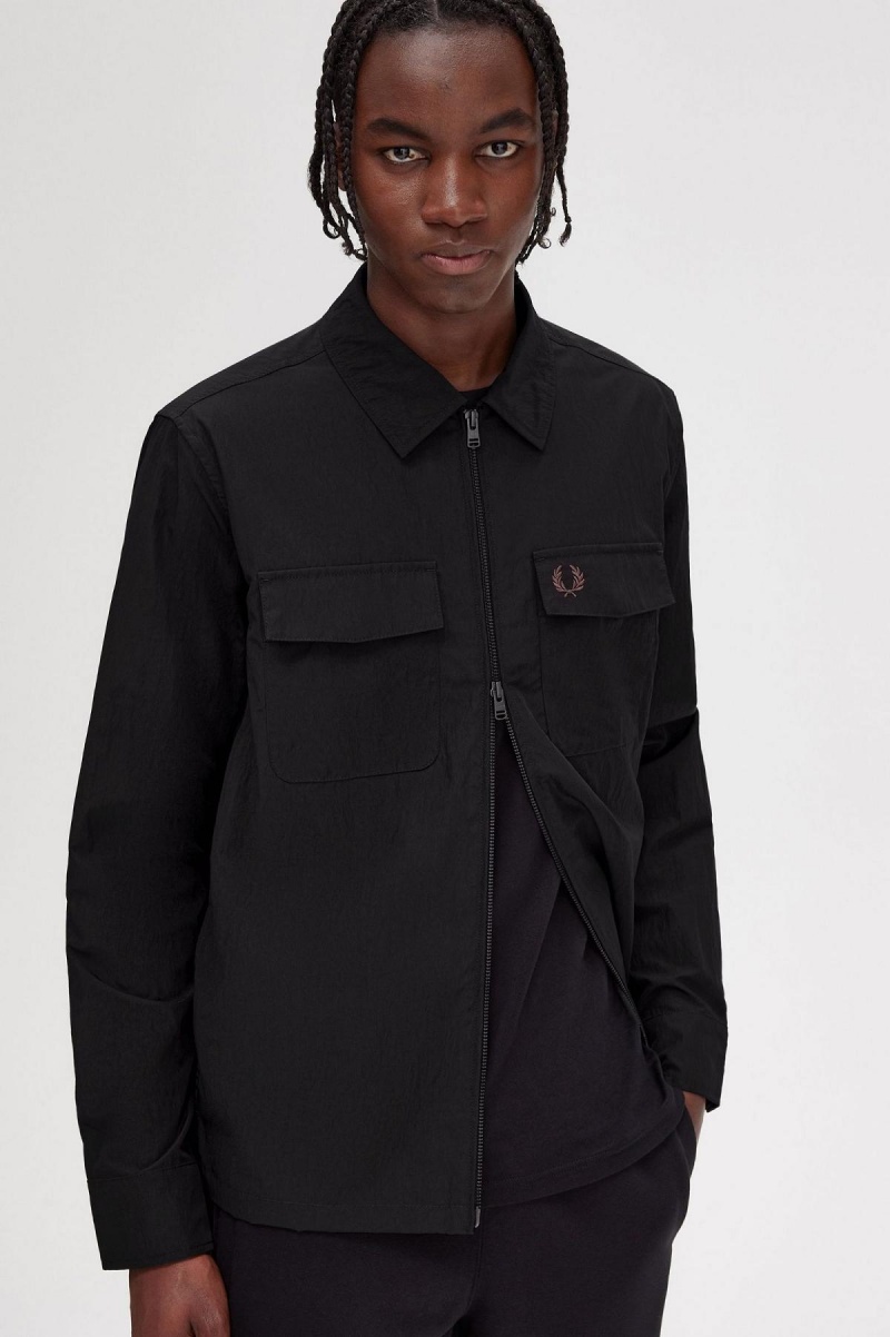 Black Fred Perry Zip-Through Men's Shirts | SSGNY16246