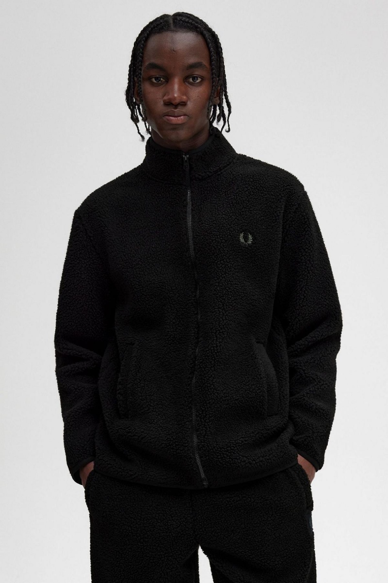 Black Fred Perry Zip Through Borg Fleece Men's Coats | SGCVG25059