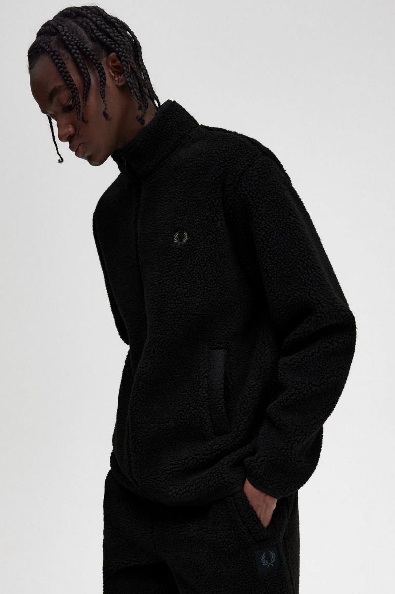 Black Fred Perry Zip Through Borg Fleece Men's Coats | SGCVG25059