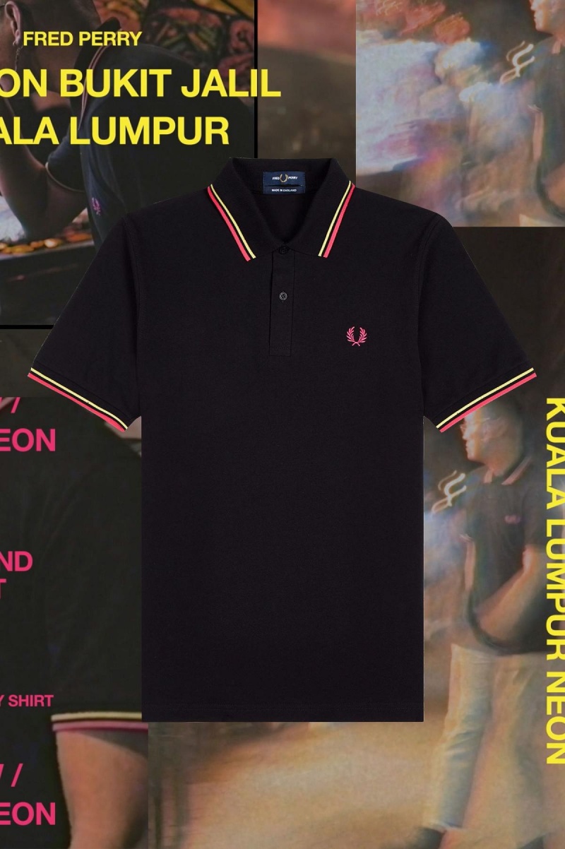 Black / Bright Yellow / Kuala Lumpur Neon Fred Perry M12 Men's Polo Shirts | BSGSD69318