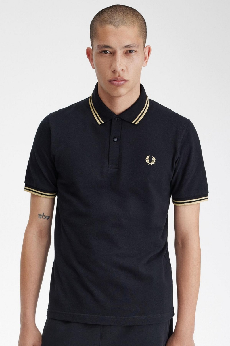 Black / Champagne / Champagne Fred Perry Makati M12 Men's Polo Shirts | QSGUV40656